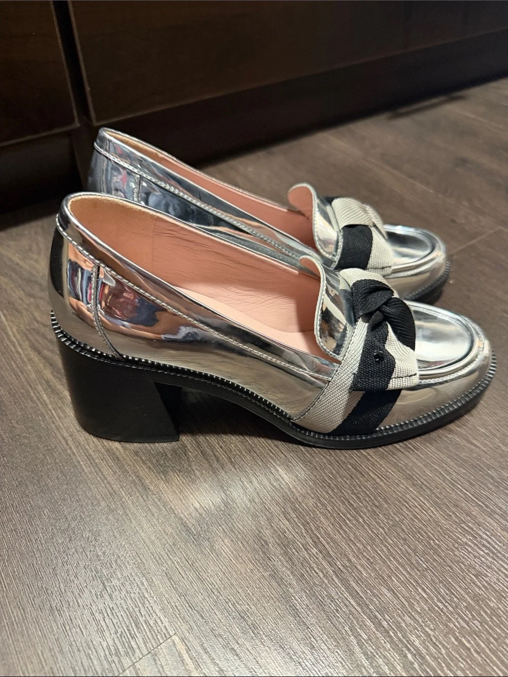 kate spade Metallic Silver Loafers with Black & Beige Bow Accent